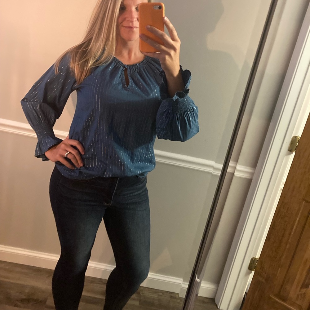 Medium blue with silver stripe blouse from White House Black Market.